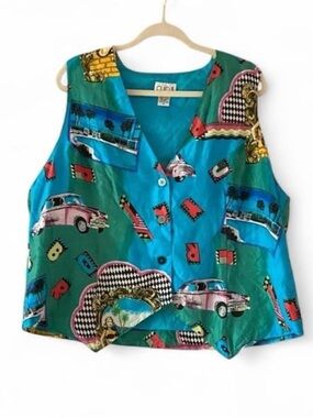 Vintage Retro Car Show Print Teal & Green Button-Front Mens Tank Vest 100% Silk